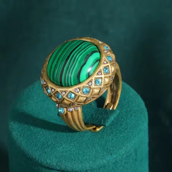 Antique Couture Malachite&Crystal Ring Bold Luxury Statement Piece